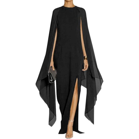 Women's Elegant Maxi Dress Chiffon Sleeves Cape Formal Evening Gown